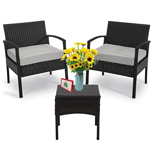 3 Piece Patio Set Balcony Furniture Outdoor Wicker Chair Patio Chairs for Patio Porch Backyard Balcony Poolside and Garden with Coffe Table and Cushions Gray