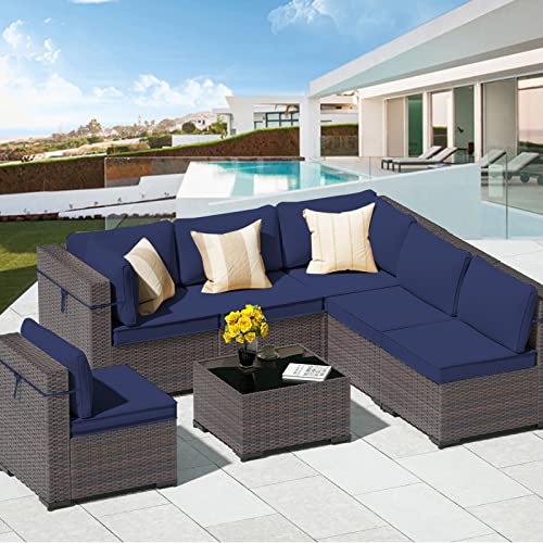 ASJMR Patio Furniture Sets 7 Pieces Outdoor Patio Furniture PE Rattan Wicker Patio Conversation Sets with Coffee Table and Seat Cushion for Garden Backyard and PorchNavy Blue