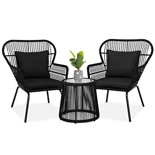 Best Choice Products 3Piece Patio Conversation Bistro Set Outdoor AllWeather Wicker Furniture for Porch Backyard w 2 Wide Ergonomic Chairs Cushions Glass Top Side Table  Black