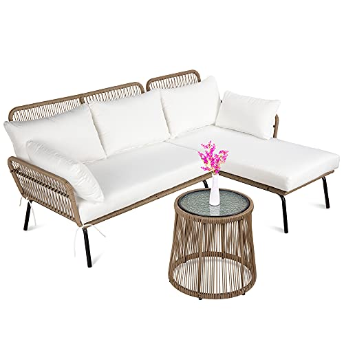Best Choice Products Outdoor Rope Woven Sectional Patio Furniture LShaped Conversation Sofa Set for Backyard Porch wThick Cushions Detachable Lounger Side Table  Beige