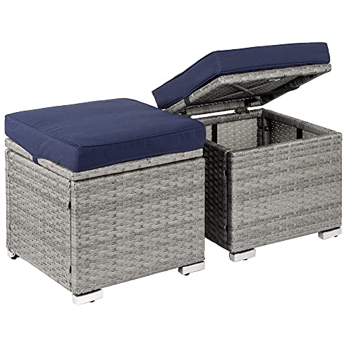 Best Choice Products Set of 2 Wicker Ottomans Multipurpose Outdoor Furniture for Patio Backyard Additional Seating Side Tables wRemovable WeatherResistant Cushions Steel Frame  GrayNavy