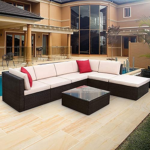 Furniwell 7 Pieces Patio Furniture Sectional Set Outdoor Wicker Rattan Sofa Set Backyard Couch Conversation Sets with Pillow Cushions and Glass Table (Beige)