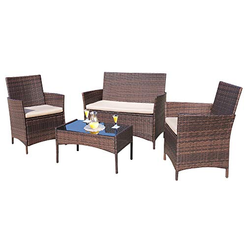 Homall 4 Pieces Outdoor Patio Furniture Sets Rattan Chair Wicker Set Outdoor Indoor Use Backyard Porch Garden Poolside Balcony Furniture Sets Clearance (Brown and Beige)
