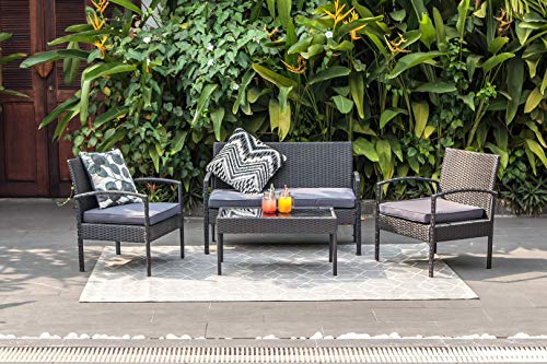 M  W 4 Piece Patio Furniture Set PE Wicker Rattan Outdoor Sofa 2 Cushioned Chairs 1 Loveseat and 1 Coffee Table with Tempered Glass Top for Garden Backyard Porch Balcony Lawn Poolside