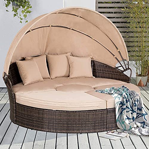 Patiomore Outdoor Patio Round Daybed with Retractable Canopy Brown Wicker Furniture Clamshell Sectional Seating with Washable Cushions for Patio Backyard Porch Pool