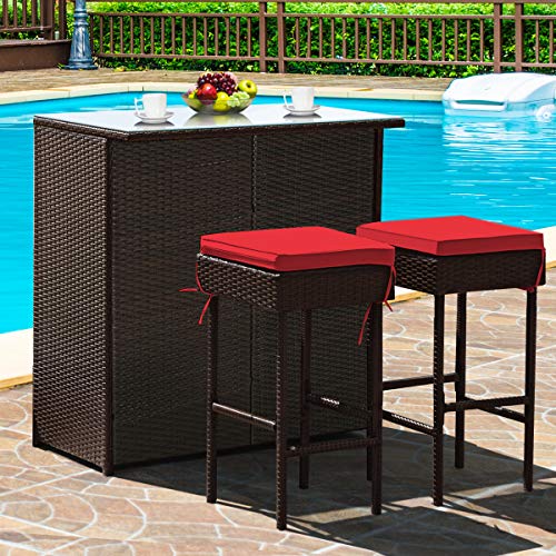 Tangkula Patio Bar Set 3 Piece Outdoor Rattan Wicker Bar Set with 2 Cushions Stools  Glass Top Table Outdoor Furniture Set for Patios Backyards Porches Gardens Poolside (Red)