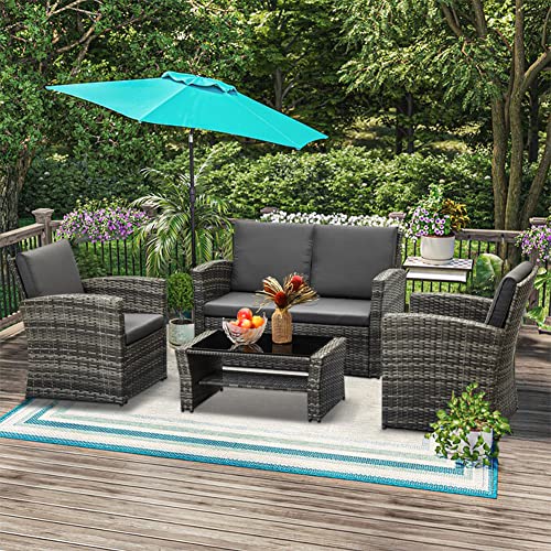 Vakollia 4 Piece Outdoor Patio Furniture Sets Wicker Rattan Conversation Sofa Set with Table  Chair for Backyard Balcony Garden Poolside Porch (Grey)