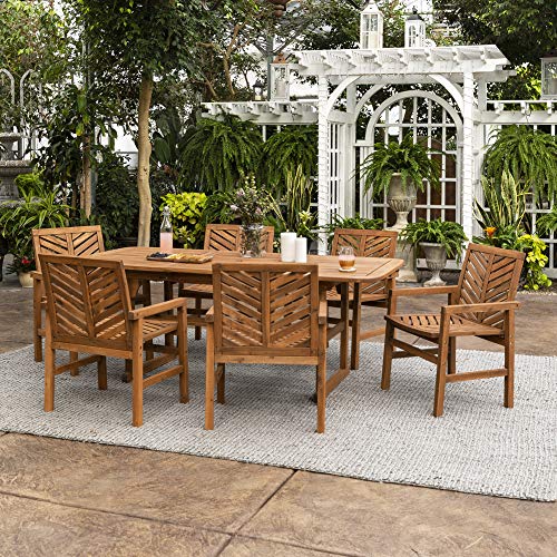Walker Edison 6 Person Outdoor Wood Chevron Patio Furniture Dining Set Extendable Table Chairs All Weather Backyard Conversation Garden Poolside Balcony 7 Piece Brown