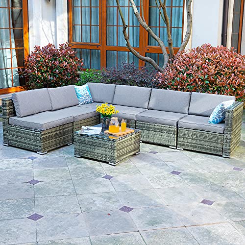YITAHOME 7 Piece Outdoor Patio Furniture Sets Garden Conversation Wicker Sofa Set and Patio Sectional Furniture Sofa Set with Coffee Table and Cushion for Lawn Backyard and Poolside Gray Gradient