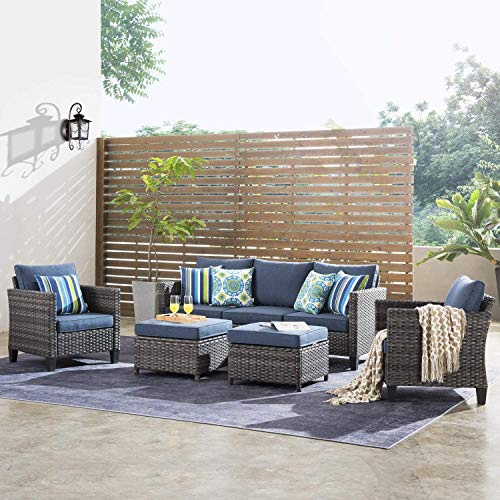 ovios Patio Furnitue Outdoor Furniture Sets Modern Wicker Patio Furniture Sectional and 2 Pillows All Weather Garden Patio Sofa Backyard Steel (GreyDenim Blue)