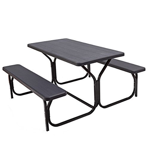 Giantex Picnic Table Bench Set Outdoor Camping All Weather Metal Base WoodLike Texture Backyard Poolside Dining Party Garden Patio Lawn Deck Large Camping Picnic Tables for Adult (Black)