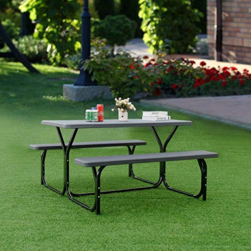 HAPPYGRILL Picnic Table Set Outdoor Patio Table Bench Set with Steel Frame  Plastic Table Top for Garden Backyard