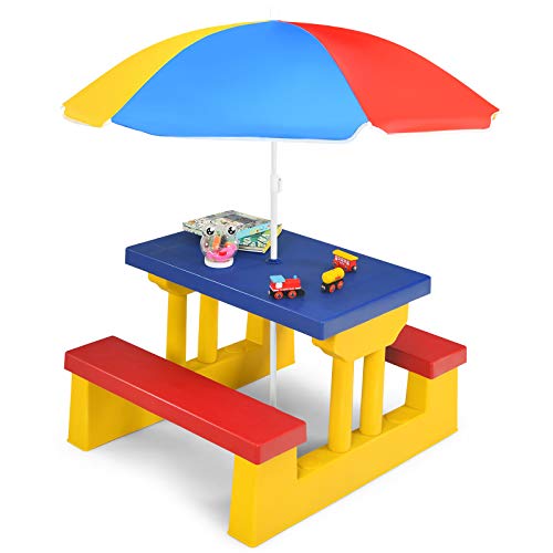 HONEY JOY Toddler Picnic Table with Umbrella Plastic Kids Patio Table and Bench Set Portable Indoor Outdoor Picnic Play Table Set for Backyard (Multicolored)