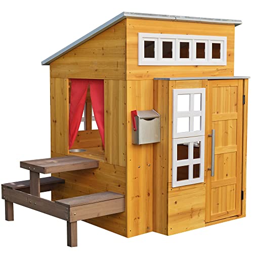 KidKraft Modern Outdoor Wooden Playhouse with Picnic Table Mailbox and Outdoor Grill Gift for Ages 3