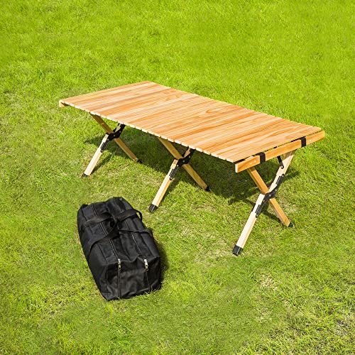 Travel Camping 4ft Folding Low Height Table Portable Wooden Outdoor Picnic Table Cake Roll Wooden Table with a Carry Bag for Picnic BBQ Camp Travel Patio Backyard Beach(Large Table)