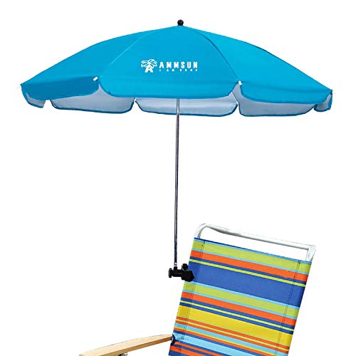 AMMSUN Chair Umbrella with Universal Clamp 43 inches UPF 50Portable Clamp on Patio ChairBeach ChairStrollerSport chairWheelchair and WagonSky Blue