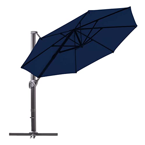 BLUU Redwood 11 FT Patio Umbrella Offset Cantilever Outdoor Umbrella Aluminum Market Hanging Umbrellas with 360° Rotation Device and Unlimited Tilting System  Cross Base (Nav