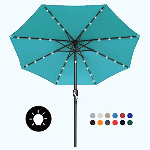 MASTERCANOPY Patio Umbrella with 32 Solar LED Lights for Outdoor Market Table 8 Ribs (75ftTurquoise)