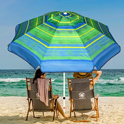 Ogrmar 7FT Beach Umbrella with Sand Anchor  Carry Bag Portable Outdoor Windproof Sun Umbrella Sun 50 Protection Umbrella with Push Button Tilt  Air Vent (Green Stripe)