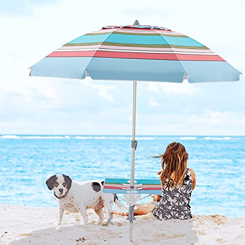 wikiwiki 75FT Beach Umbrella with Table Portable SPF50 Protection Sunshade Umbrella with Sand Anchor Push Button Tilt Carry Bag for Outdoor Patio Sand Beach (Stripe Sky Blue and Red)