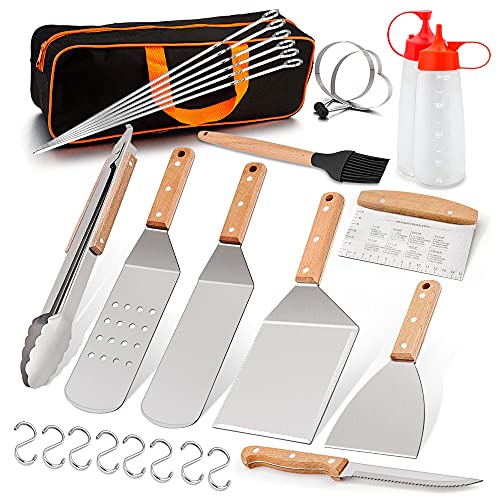 Leonyo Griddle Accessories Set of 27 Heavy Duty Metal Grilling Spatula for Cast Iron Flat Top Teppanyaki Hibachi Cooking BBQ Burger Spatula Turner Kit Carrying Bag Men Gift