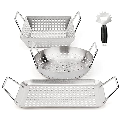 Uniflasy 3 Pack Grill Basket Set Grill Wok Grill Pans Grill Topper Set for Outdoor Grilling Heavy Duty Stainless Steel BBQ Accessory Grill Vegetable Basket with Handle for Grills Smoker Accessories