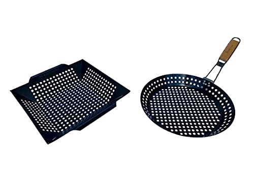 Vita Buona Premium Grill Basket  Wok Pan Combo Set  NonStick Veggie Grill Basket  Features Newly Designed Wok Grill Pan with Foldable Handle  Perfect for Grilling Vegetables Kabobs and Meats