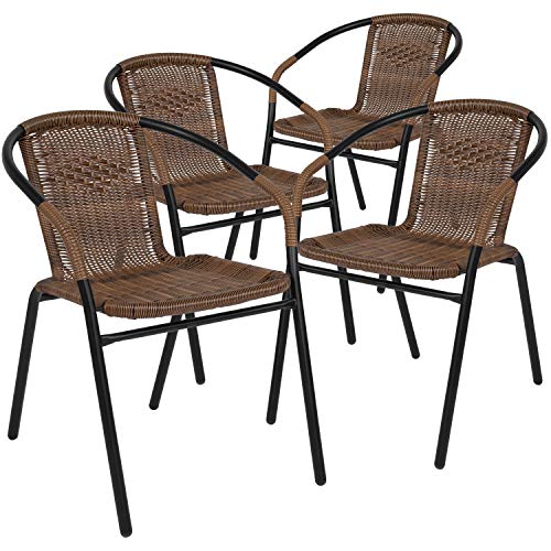 EMMA  OLIVER Patio Wicker Rattan Chair Set of 4 Round Back Patio Dining Chairs Stylish Look and Commercial Grade Construction Outdoor Deck Chair with 352 lb Weight Capacity Medium Brown