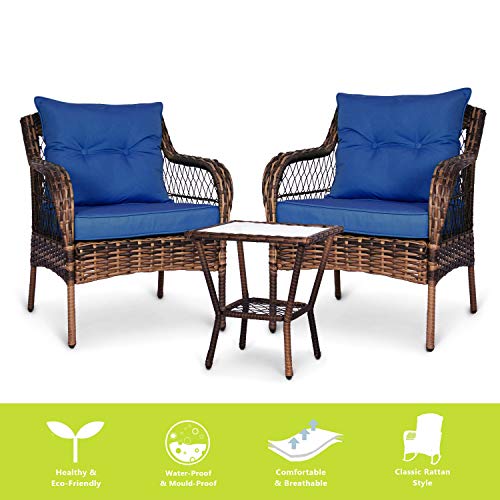 ENSTVER 3 Pieces Patio Conversation Set w 2 Rattan Wicker Chairs and Glass Tablefor Garden Backyard Lown Porch (Blue)