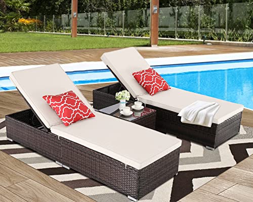 Furnimy 3 PCS Outdoor Patio Chaise Lounge Chair Set PE Rattan Wicker for Poolside Porch Backyard 2 Lounge Chairs (BrownBeige)