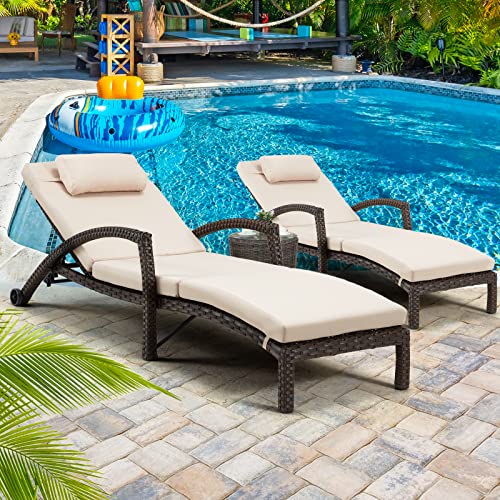 HOMREST Chaise Lounge Chairs Set of 2 for Outside Adjustable 6 Position Outdoor PE Rattan Wicker Patio Pool Lounge Chair with Arm Cushion Pillow and Wheels for Poolside Backyard Deck Porch Garden