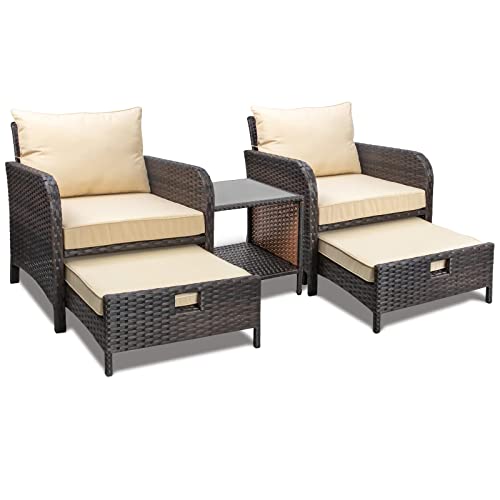 LeveLeve Balcony Furniture 5 Piece Patio Conversation Set PE Wicker Rattan Outdoor Lounge Chairs with Soft Cushions 2 OttomanGlass Table for Porch LawnBrown Wicker (Sand)