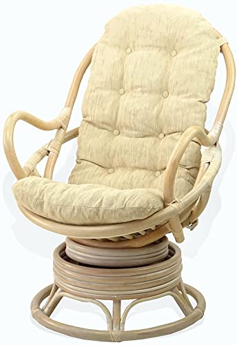 Lounge Swivel Rocking Java Chair Rattan Wicker Handmade with Cream Cushion White Wash
