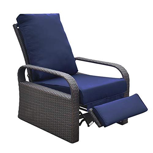 Outdoor Recliner Outdoor Wicker Recliner Chair with 512 Thickness Cushions Automatic Adjustable Rattan Patio Chaise Lounge Chairs Aluminum Frame UV Proetcted and Rustless (Brown  Navy Blue)