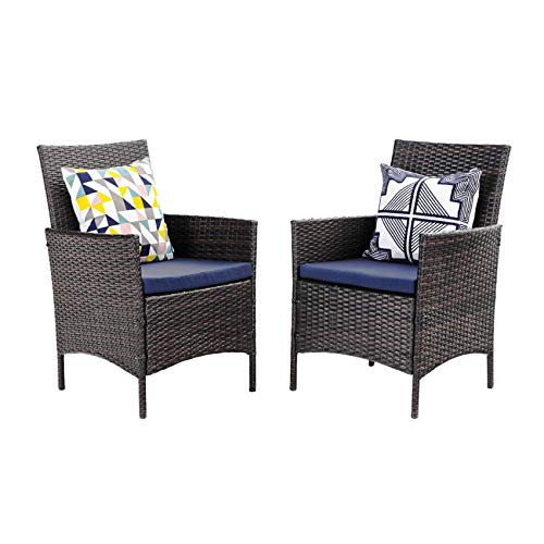 PHI VILLA Patio Wicker Chair Set of 2 Outdoor Modern PE Rattan Armchair with Removable Cushions for Deck Porch Balcony