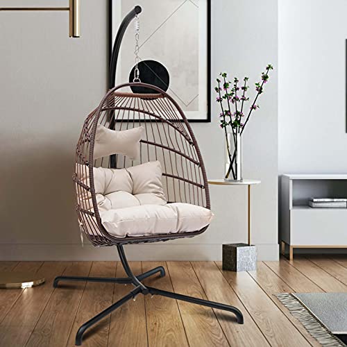 RADIATA Foldable Wicker Rattan Hanging Egg Chair with Stand Swing Chair with Cushion and Pillow Lounging Chair for Indoor Outdoor Bedroom Patio Garden (Brown)