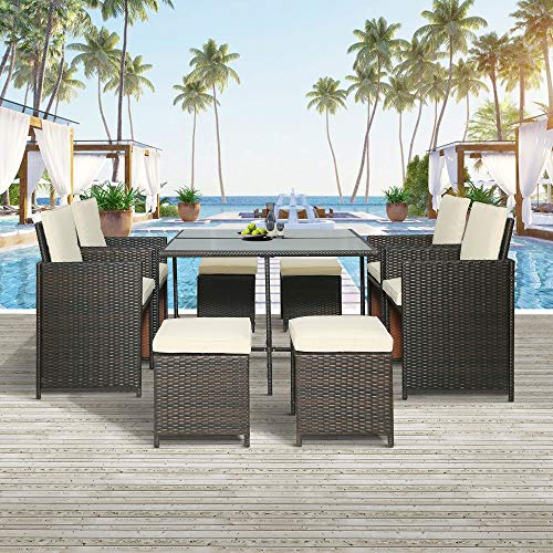 STARTOGOO 9 Piece Patio Furniture Dining Outdoor Space Saving PE Wicker Rattan Chairs Conversation Sets with Glass Table Cushions and Ottoman for Lawn Garden Backyard (Brown) 9 Pcs