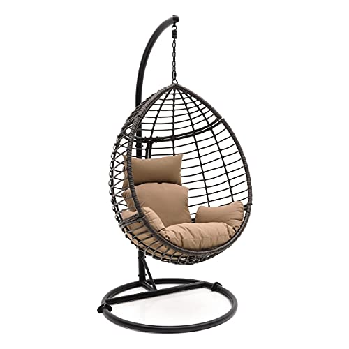 SereneLife Hanging Egg Indoor Outdoor Patio Wicker Rattan Lounge Chair with Stand Steel Frame UV Resistant Washable Cushions for Garden Backyard Deck Sunroom BlackBrown