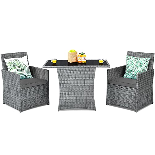 Tangkula 3 Pieces Patio Dining Set Patiojoy Spacesaving PE Rattan Bistro Set with Tempered Glass Top Table and Cushioned Chairs Outdoor Conversation Set for Garden Backyard Poolside Porch (Gray)