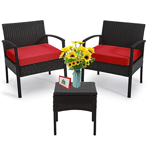 3 Piece Patio Set Balcony Furniture Outdoor Wicker Chair Patio Chairs for Patio Porch Backyard Balcony Poolside and Garden with Coffe Table and Cushions Red