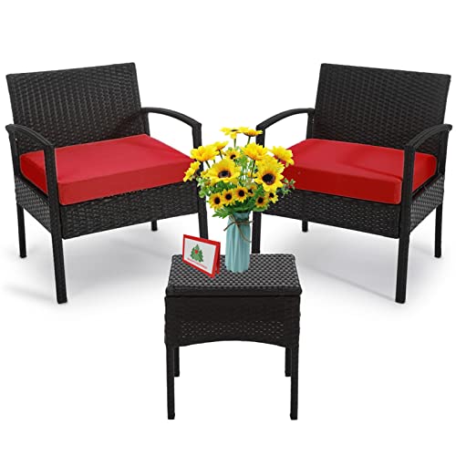 3 Piece Patio Set Balcony Furniture Outdoor Wicker Chair Patio Chairs for Patio Porch Backyard Balcony Poolside and Garden with Coffe Table and Cushions Red