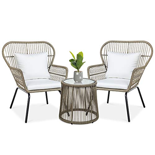 Best Choice Products 3Piece Patio Conversation Bistro Set Outdoor AllWeather Wicker Furniture for Porch Backyard w 2 Wide Ergonomic Chairs Cushions Glass Top Side Table  Tan