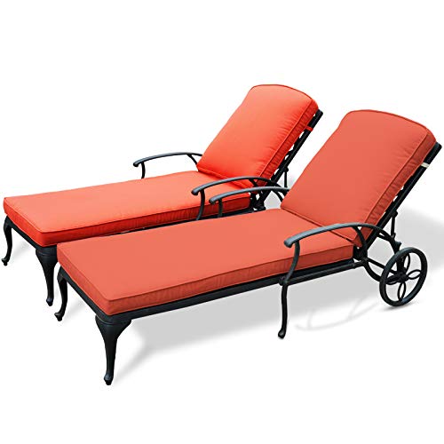 HOMEFUN Chaise Lounge Outdoor Chair with Red Cushions Aluminum Pool Side Sun Lounges with Wheels Adjustable Reclining Patio Furniture Set Pack of 2(Antique Bronze)