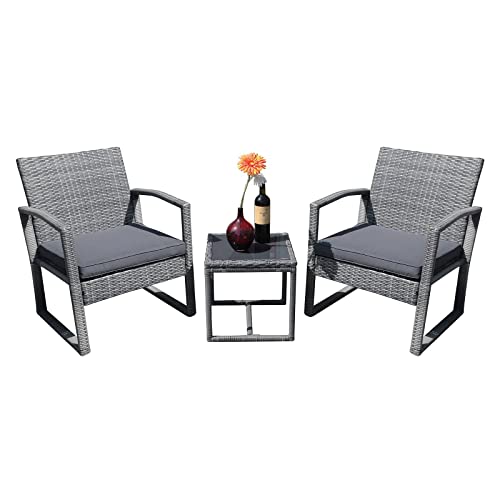 Patiorama 3 Pieces Outdoor Patio Furniture Set Outdoor Wicker Conversation Set Patio Rattan Chair Set Modern Bistro Set with Coffee Table Garden Balcony Backyard Poolside (Dark Grey)