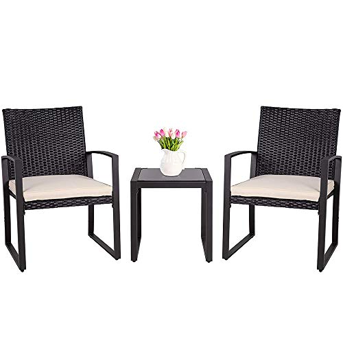 SUNLEI Outdoor 3Piece Bistro Set Black Wicker FurnitureTwo Chairs with Glass Coffee Table (Beige)