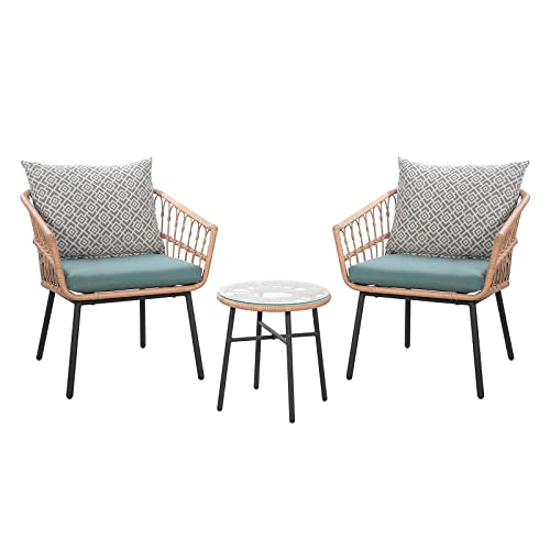 Super Patio 3 Piece Patio Set Outdoor Furniture Wicker Bistro Set Rattan Chair Conversation Sets with Coffee Table and Turquoise Cushions