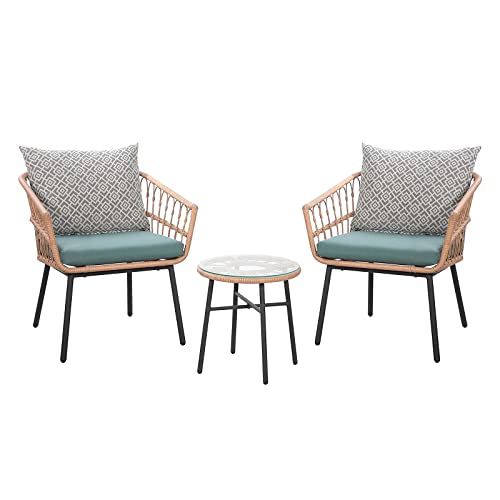 Super Patio 3 Piece Patio Set Outdoor Furniture Wicker Bistro Set Rattan Chair Conversation Sets with Coffee Table and Turquoise Cushions