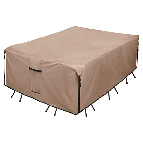 ULTCOVER Rectangular Patio Heavy Duty Table Cover  600D Tough Canvas Waterproof Outdoor Dining Table and Chairs General Purpose Furniture Cover Size 111L x 74W x 28H inch