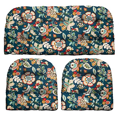 3 Piece Wicker Cushion Set  Telfair Peacock Blue Green Brown Rust Ivory Floral Scroll Indoor  Outdoor Fabric Cushion for Wicker Loveseat Settee  2 Matching Chair Cushions
