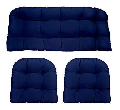 RSH Décor Indoor Outdoor 3 Piece Tufted Wicker Settee Cushions 1 Loveseat  2 UShape Weather Resistant ~ Choose Color (Cobalt Royal Blue 2 19x19 1 41x19)